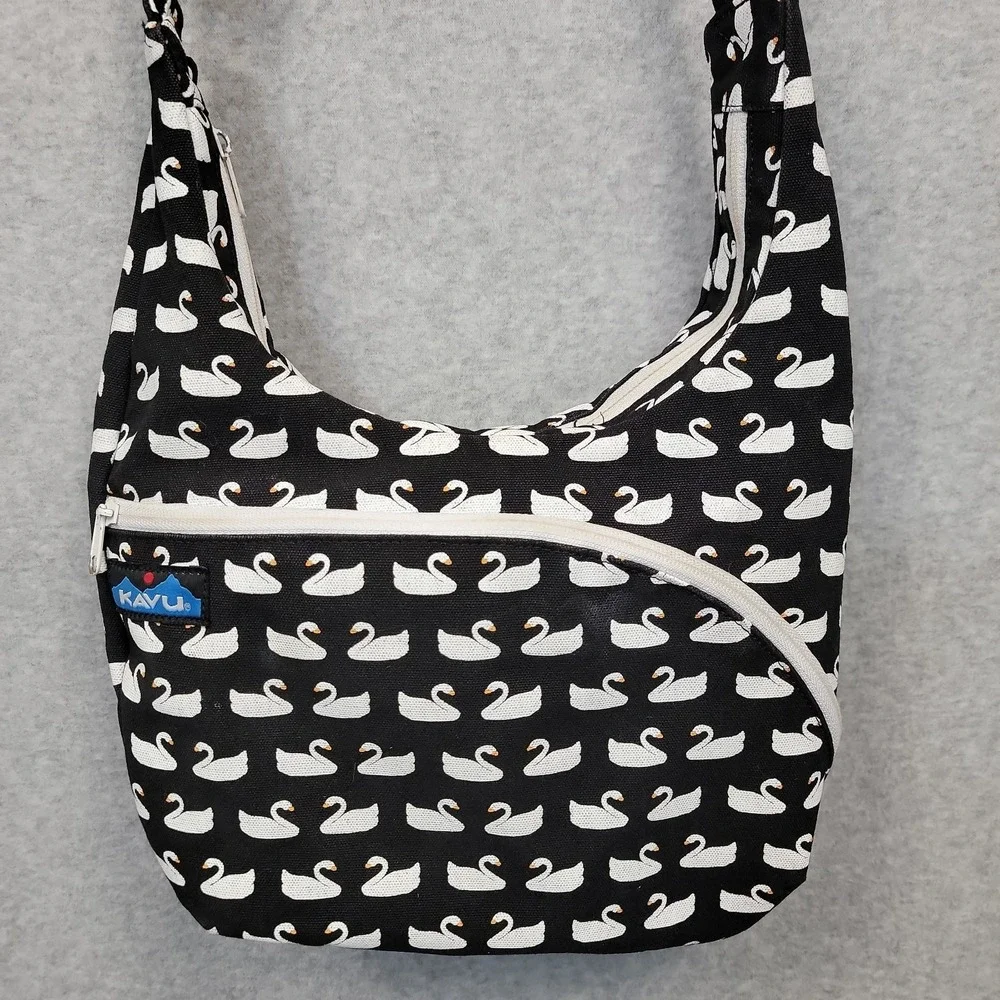 KAVU Satchel Crossbody Bag Shoulder Purse Black & White Swan Pattern Canvas